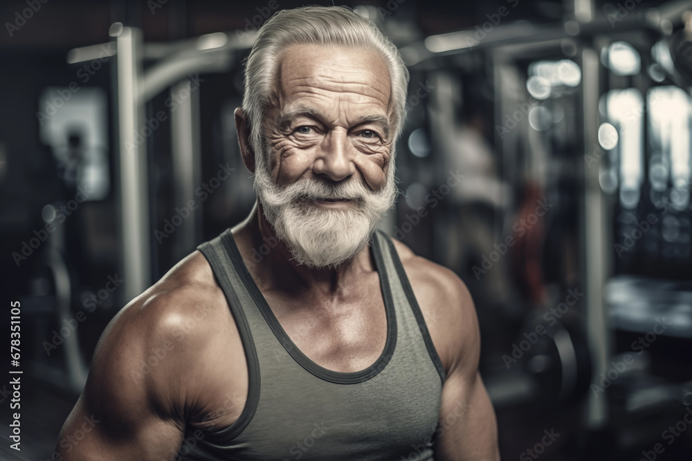 Old athle Muscula. Fitness man at workout. Elderly pensioner old man smiling in gym. 60-70 Year Old Bodybuilder. Funny old grandfather in gym. Pensioner with smile lifts weight in sports club. - obrazy, fototapety, plakaty 