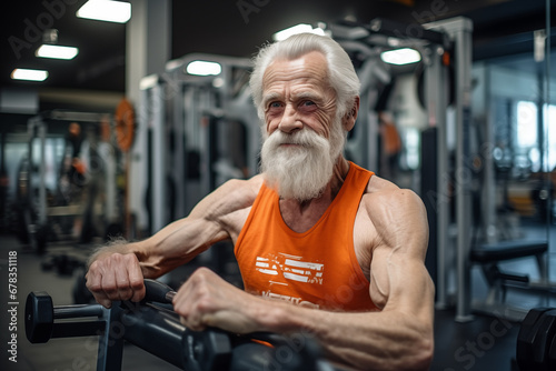 Old athle Muscula. Fitness man at workout. Elderly pensioner old man smiling in gym. 60-70 Year Old Bodybuilder. Funny old grandfather in gym. Pensioner with smile lifts weight in sports club.