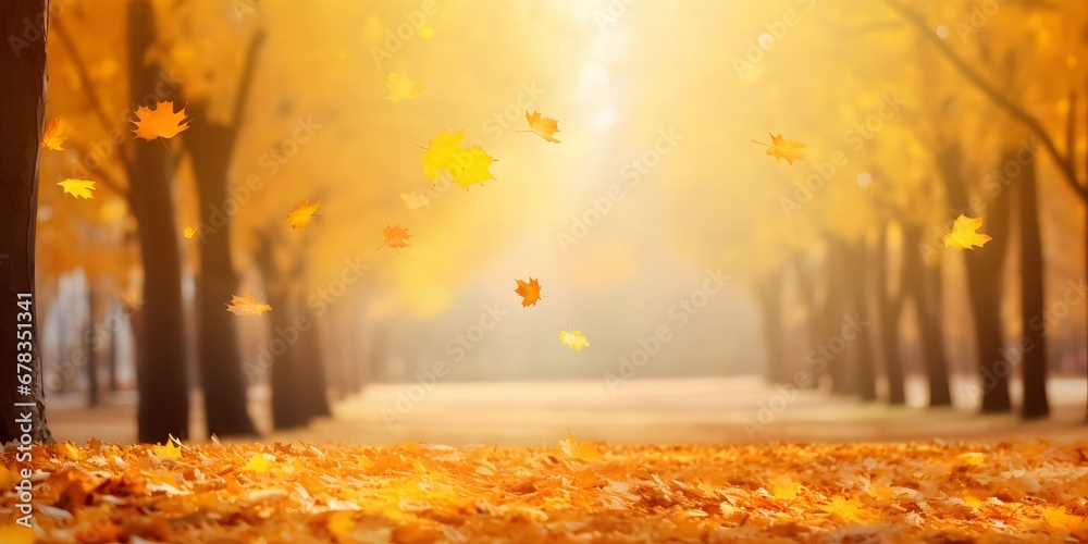 Beautiful autumn landscape with yellow trees and sun. 