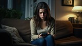 Sad white woman alone at home, asian woman received notification message with bad news sitting on couch in living room