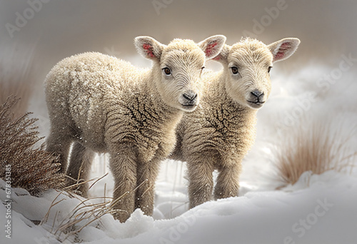 Lambs grazing in winter. AI Generated ©  iiulia