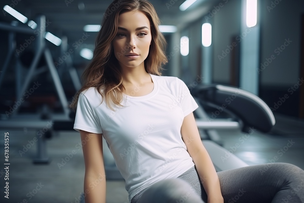 Portrait of a beautiful young woman in sportswear sitting in the gym Portrait of a beautiful young woman in sportswear sitting in the gym