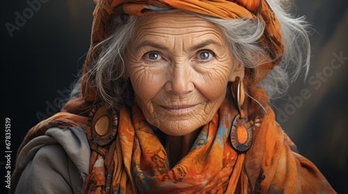 An old woman with an orange scarf on her head