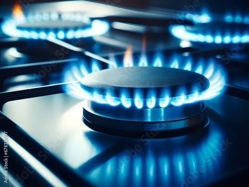 Close up of the blue flames on a gas burning range or stove. Generative AI.