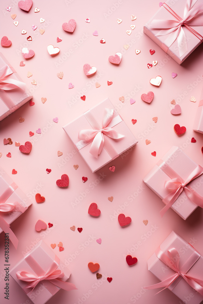 Vertical image of composition with Valentine's Day decorations on pink background. Holiday 14 February romantic poster.