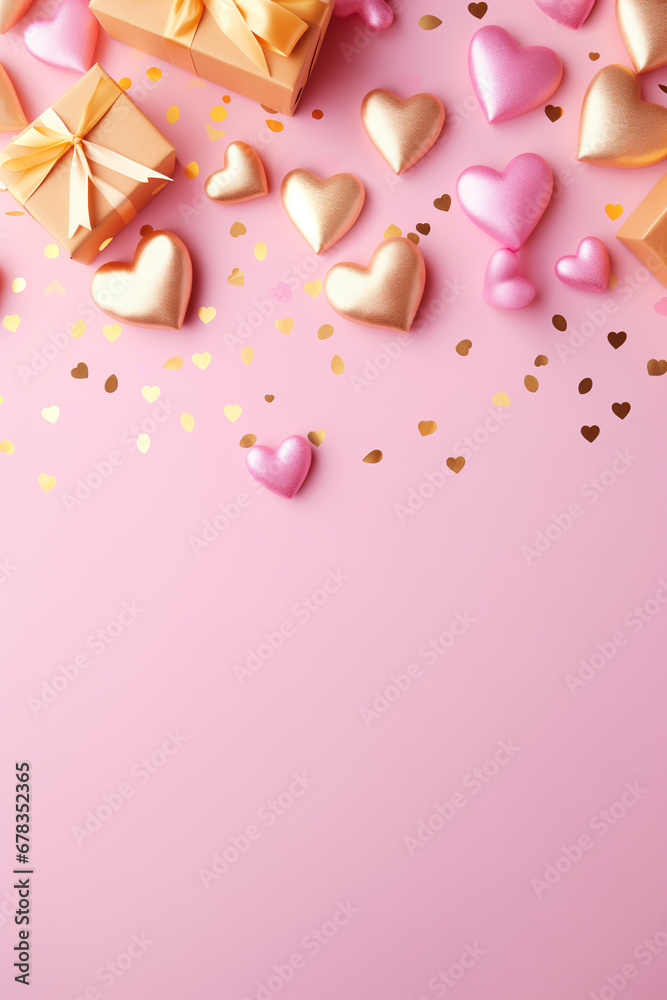 Vertical image of composition with Valentine's Day decorations on pink background. Holiday 14 February romantic poster.