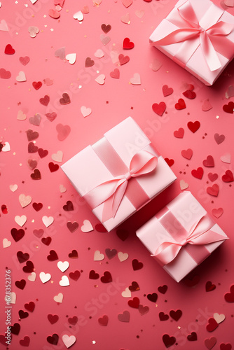 Vertical image of composition with Valentine s Day decorations on pink background. Holiday 14 February romantic poster.