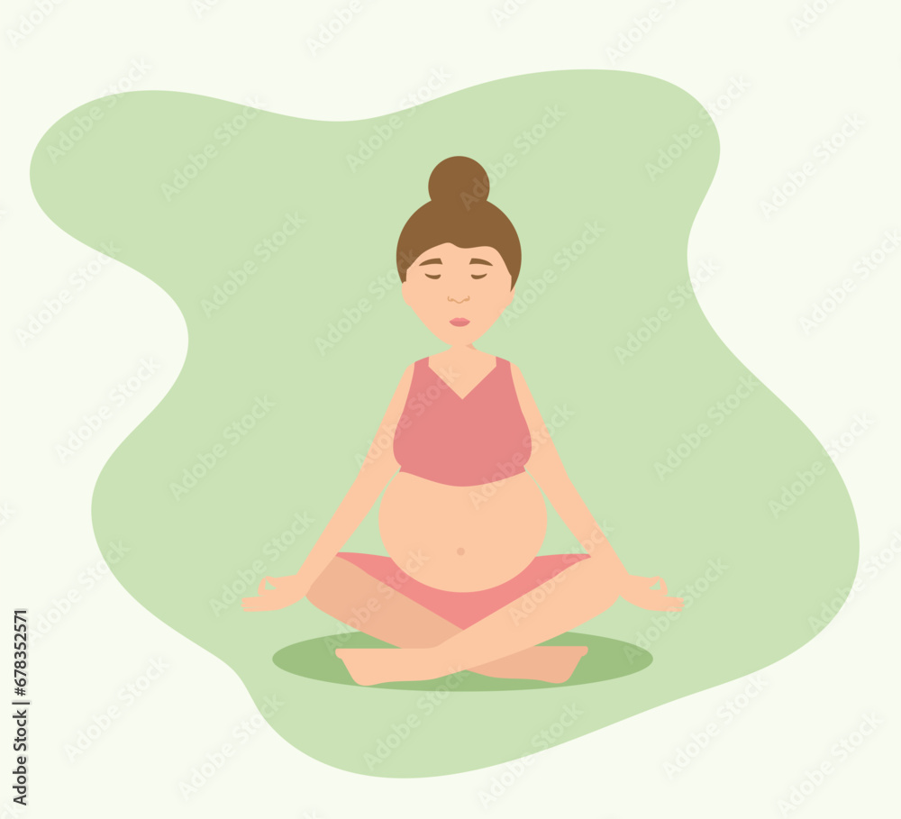 Woman doing meditation and exercise during pregnancy. Yoga in pregnancy concept. Flat vector illustration isolated on white background. Woman doing meditation and exercise during pregnancy. Yoga in pregnancy concept. Flat vector illustration isolated on white background.