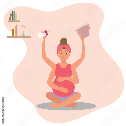 Woman doing meditation and exercise during pregnancy. Yoga in pregnancy concept. Flat vector illustration isolated on white background.