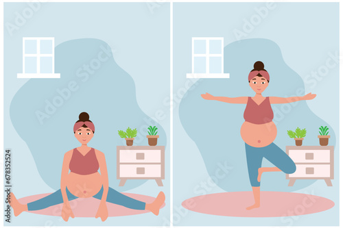 Woman doing meditation and exercise during pregnancy. Yoga in pregnancy concept. Flat vector illustration isolated on white background.