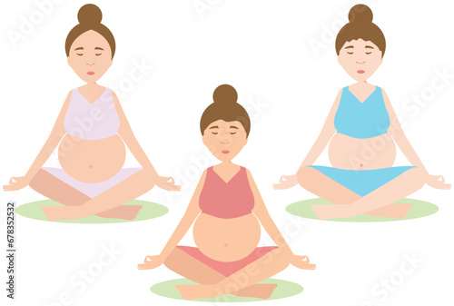Woman doing meditation and exercise during pregnancy. Yoga in pregnancy concept. Flat vector illustration isolated on white background.