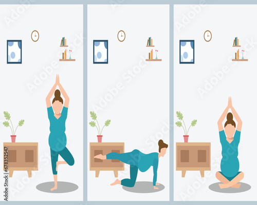 Woman doing meditation and exercise during pregnancy. Yoga in pregnancy concept. Flat vector illustration isolated on white background.