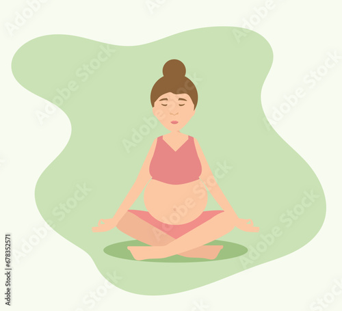 Woman doing meditation and exercise during pregnancy. Yoga in pregnancy concept. Flat vector illustration isolated on white background.