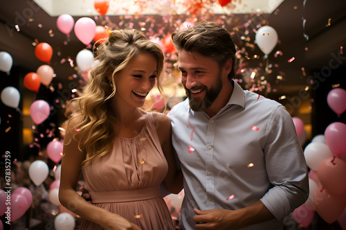 Couple of young parents at a gender reveal party photo