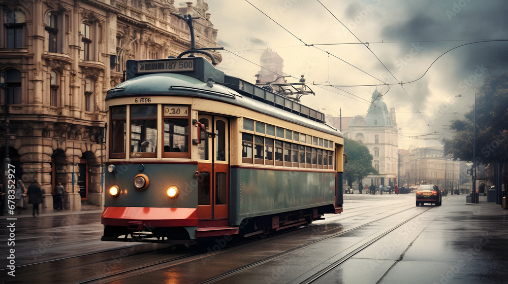 Charming Vintage Tram Passing Through a Historic City Center, Enhanced with Soft and Pastel Tones to Evoke a Nostalgic and Quaint Atmosphere