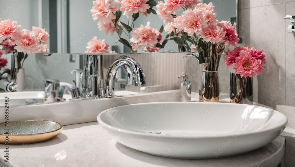 Beautiful faucet in the bathroom, mirror, flowers Beautiful faucet in the bathroom, mirror, flowers