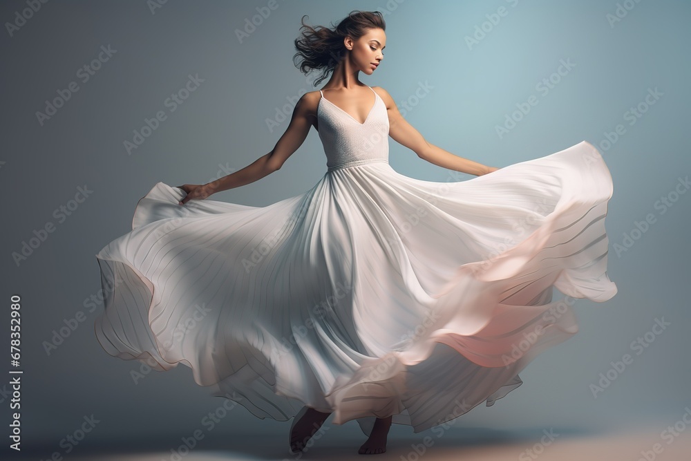 Naklejka premium A young lady in a white, wedding, silk dress is spinning, the dress is developing. A girl in a light, festive dress is dancing. 