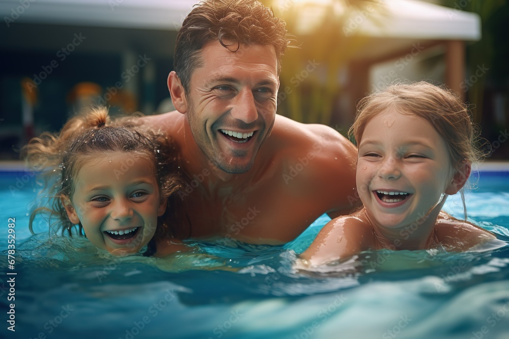 Happy father and children are swimming in the pool. Close-up. Portrait. Vacation, vacation, family vacation, resort, travel. - obrazy, fototapety, plakaty 