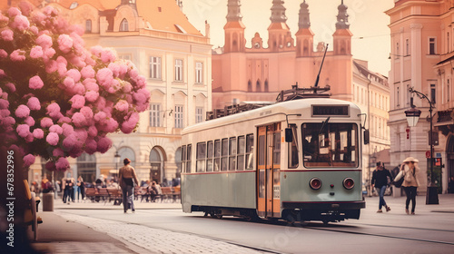 Charming Vintage Tram Passing Through a Historic City Center, Enhanced with Soft and Pastel Tones to Evoke a Nostalgic and Quaint Atmosphere