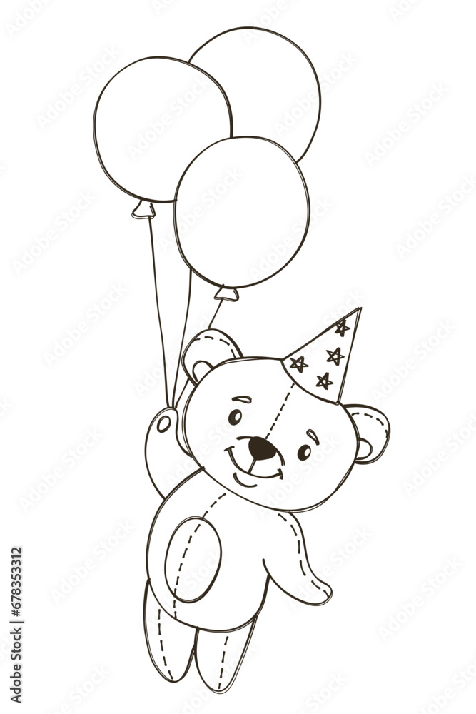 Vector line illustration in doodle style. Cute bear in a festive hat is flying on balloons. Children's illustration drawn by hand. Vector illustration Vector line illustration in doodle style. Cute bear in a festive hat is flying on balloons. Children's illustration drawn by hand. Vector illustration