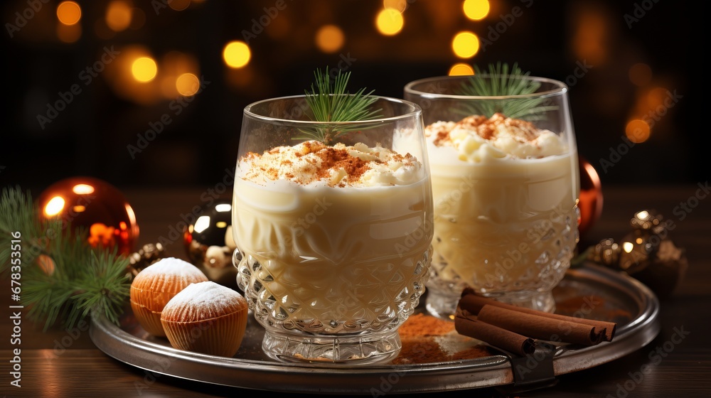 Traditional eggnog with nutmeg and cinnamon in a glass, a festive decoration for the drink. Restaurant serving, banner with bokeh Traditional eggnog with nutmeg and cinnamon in a glass, a festive decoration for the drink. Restaurant serving, banner with bokeh