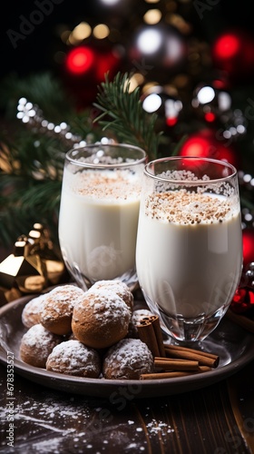 Traditional eggnog with nutmeg and cinnamon in a glass, a festive decoration for the drink. Restaurant serving, banner with bokeh
