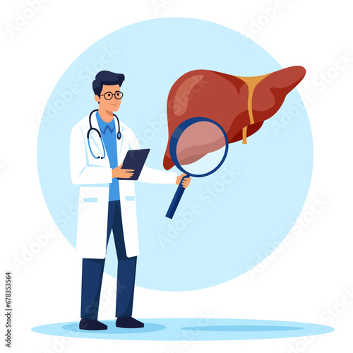 Flat vector illustration. A doctor Hepatologist, gastroenterologist holding a large magnifying glass and studying the health of the liver. Vector illustration