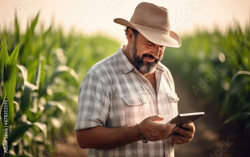 A farmer in a corn field us...