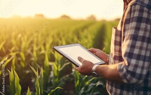 A farmer in a corn field us...