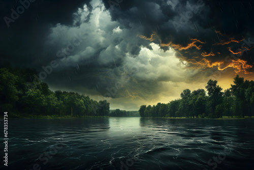 Lake Surrounded by Trees Under a Cloudy Sky. Generative Ai © Shades3d