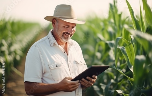 A farmer in a corn field using a digital tablet © piai