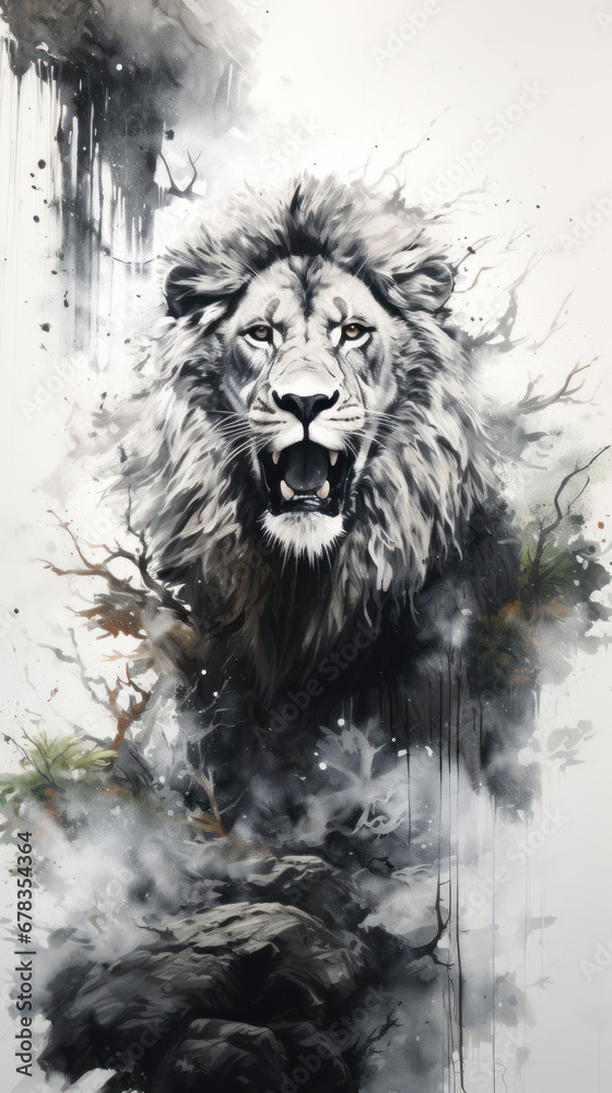 Fototapeta premium Drawing of a beautiful lion with a fluffy mane in gray colors.