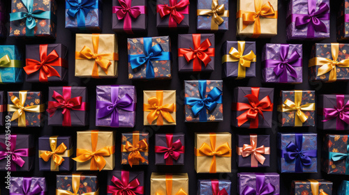 Colorful gift boxes with bows on black background. Top view.