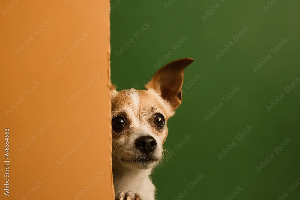 A dog peeks out from behind a wooden partition. AI Generated