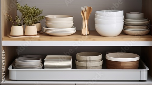 Organized living! storage ideas in the kitchen with a white box and basket, showcasing a modern shelf order system