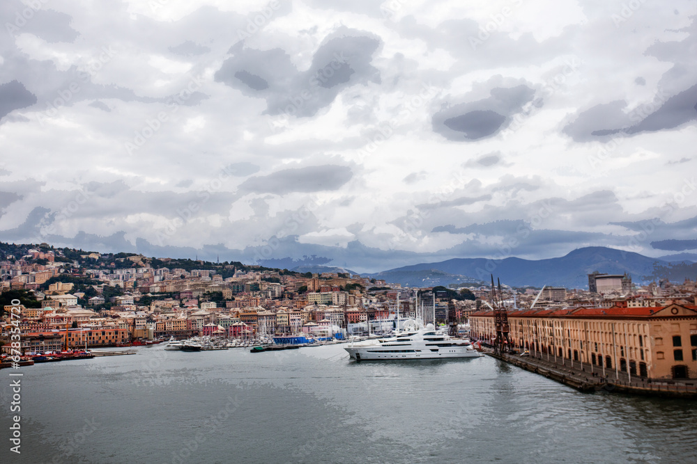 Amazing panorama of Port of Genoa and city  in downtown and city on mountain range