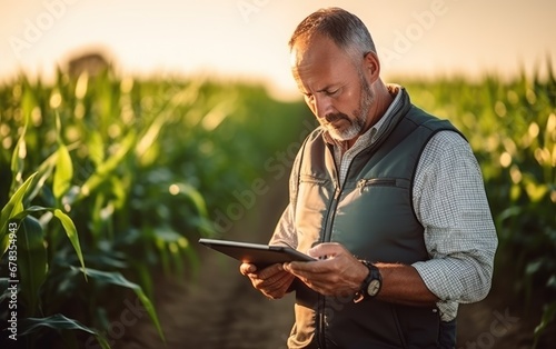 A farmer in a corn field us...