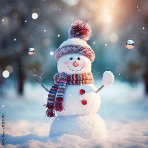 Schneemann im Schnee mit Mütze und Schal photo