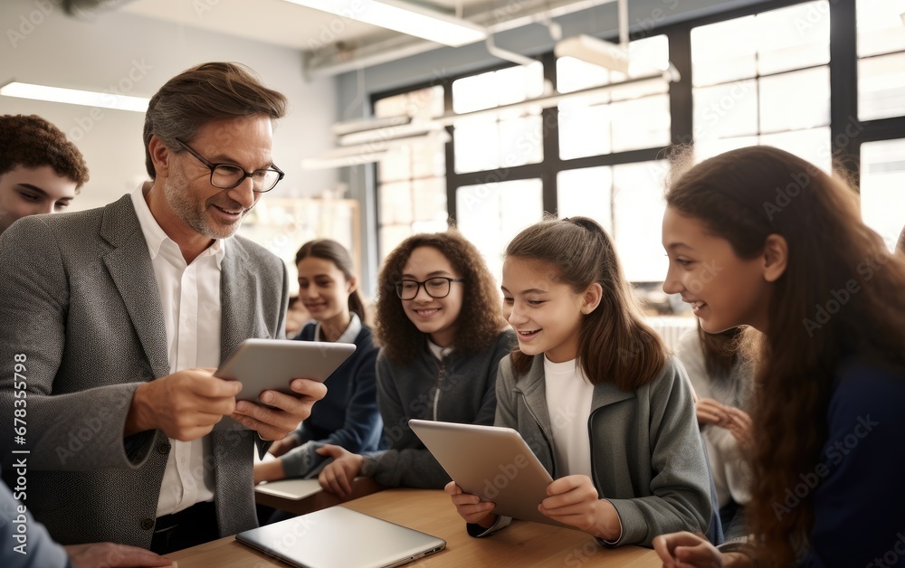 Educator Using Tablet to Instruct High School Students Online