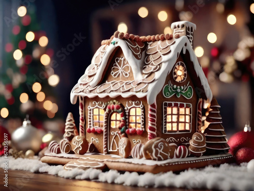 A traditional gingerbread house in a Christmas decor and fairy lights on a New Year's background. Delicious fragrant sweetness, homemade cakes, comfort in the house, housing, mortgage, insurance