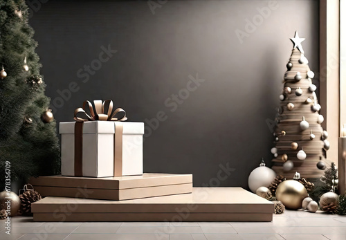 Square geometric empty podium for a product iwith eco-style Christmas decor on a solid background. New Year's product, promotion, advertising, display on theme of nature and ecology, in neutral tones photo