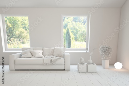 Grey living room concept with sofa and summer landscape in window. Scandinavian interior design. 3D illustration