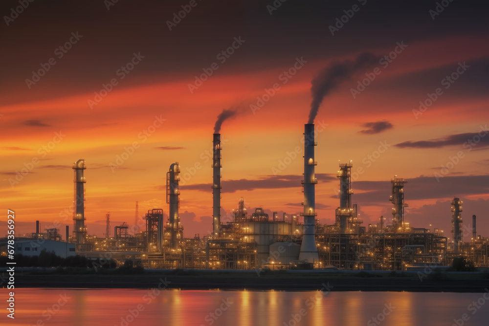 Oil refinery plant. Gas Processing Plant. Pipes of natural gas factory. Oil crude and gas refineries. Oil refining and Petrochemical. Reduced fuel. Ai Generated Illustration.