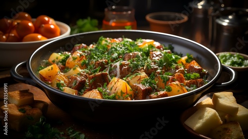 A bowl of stew with meat potatoes and carrots