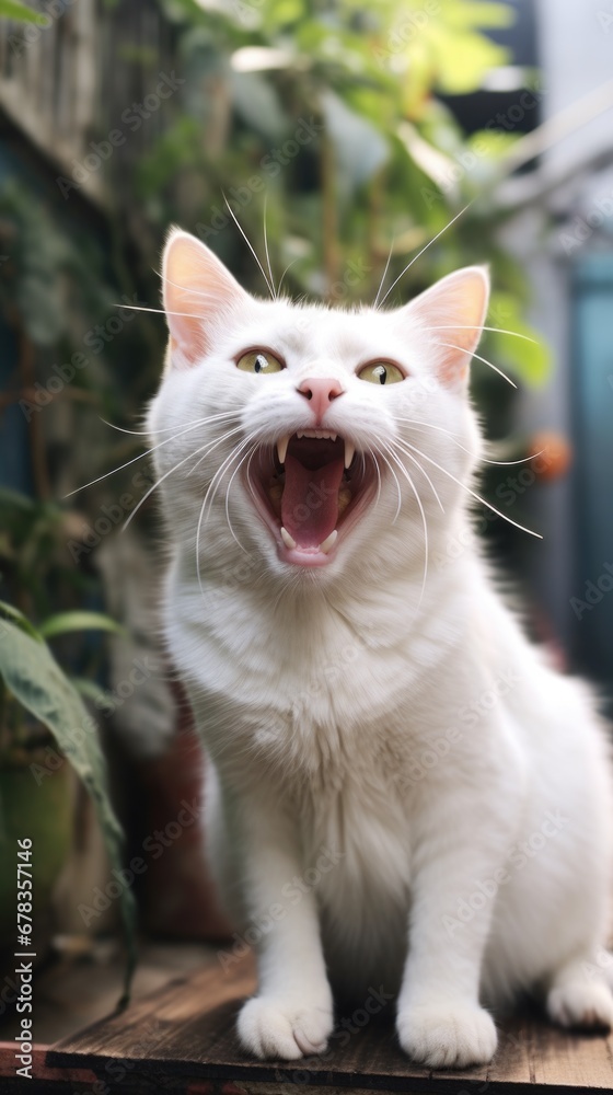 A cute white cat yawns, showing its teeth in a playful manner. Generative AI. A cute white cat yawns, showing its teeth in a playful manner. Generative AI.