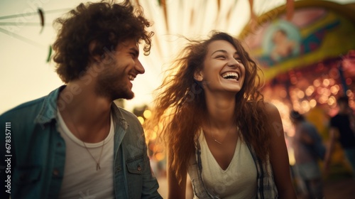 A young happy couple shares infectious laughter and joy at a vibrant carnival. Generative AI.