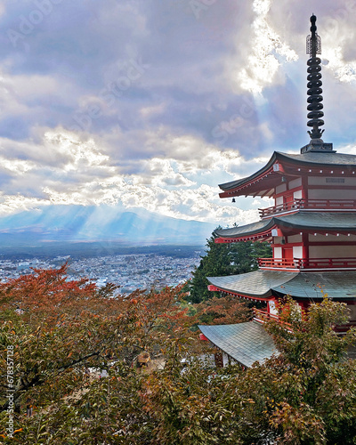 The vertical natural photography in Japan mount Fuji mountain  traditional temple and outdoor park