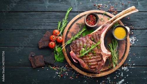 Tomahawk steak on the bone showcased on a black wooden background. Top view with ample free copy space. photo