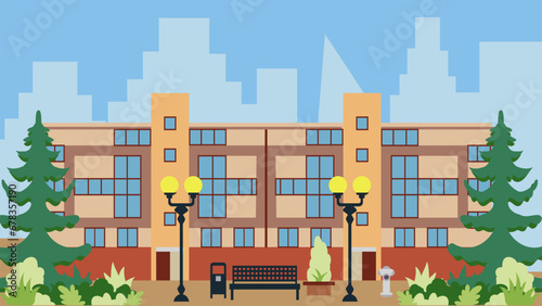 Summer street of a modern city with a multi-storey house surrounded by trees. Illustration of urban infrastructure in a flat style.