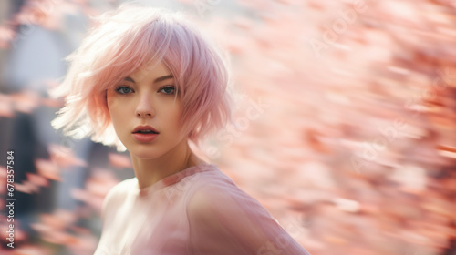 A beautiful young girl runs through a blooming Japanese cherry orchard, sakura petals are falling all around.